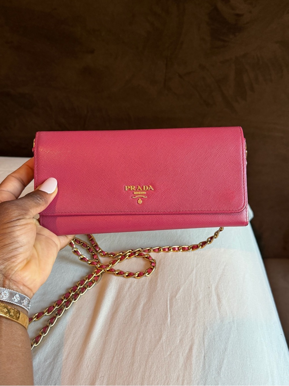 Prada Pink Saffiano Crossbody Wallet with Gold Chain
